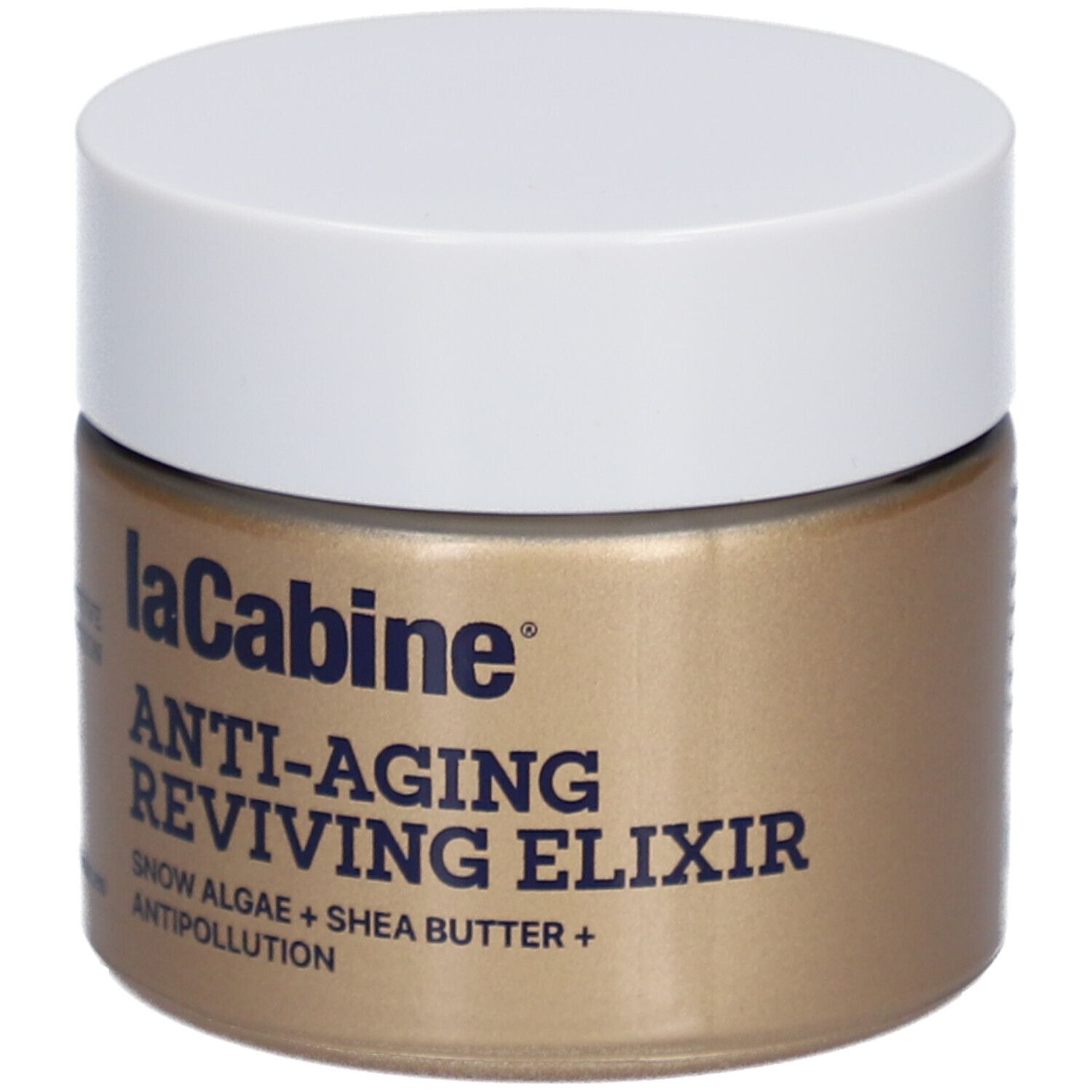 Goldfarbener Tiegel mit weißem Deckel. Aufschrift: laCabine Anti-Aging Reviving Elixir. Enthält Schneealgen und Sheabutter.