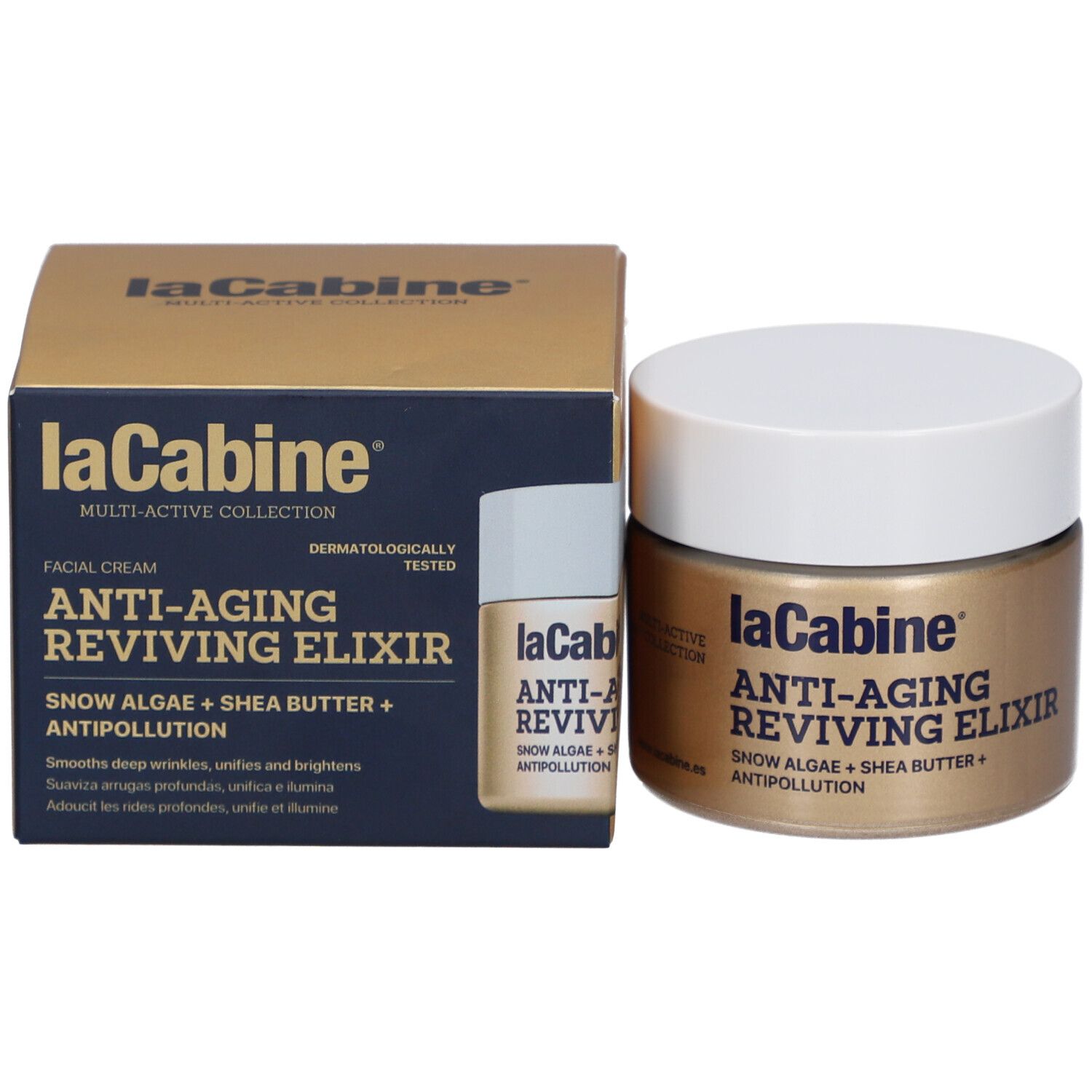 Produktverpackung mit Tiegel und kleiner Flasche. Aufschrift: laCabine Anti-Aging Reviving Elixir. Enthält Schneealgen und Sheabutter.