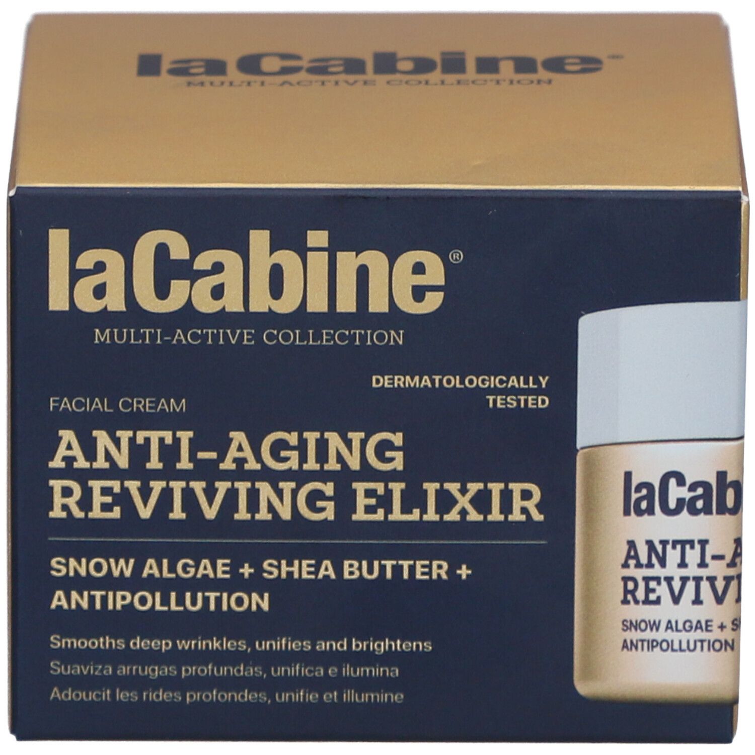 Produktverpackung. Aufschrift: laCabine Anti-Aging Reviving Elixir. Enthält Schneealgen und Sheabutter. Mit kleiner Flasche.