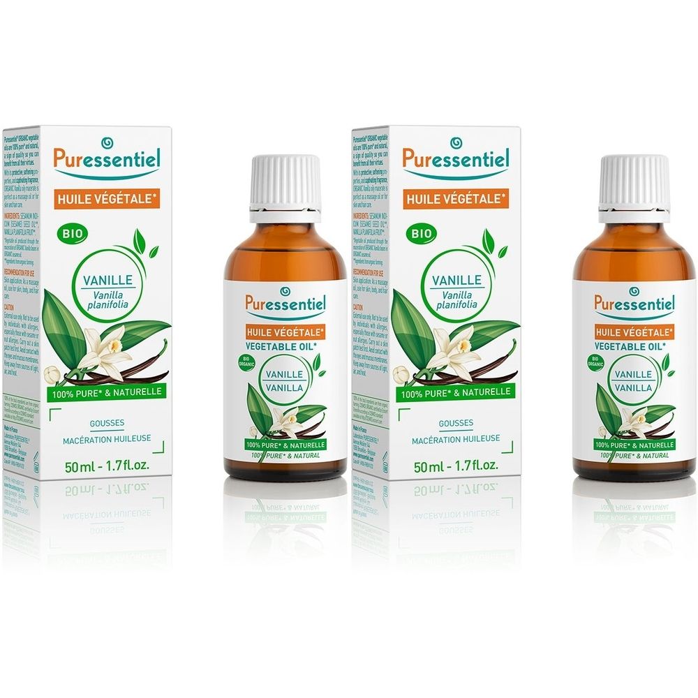 Puressentiel BIO Vanille Pflanzenöl in Braunglasflaschen mit weißen Verschlüssen. Kartons zeigen Vanilleblüten und Schoten.
