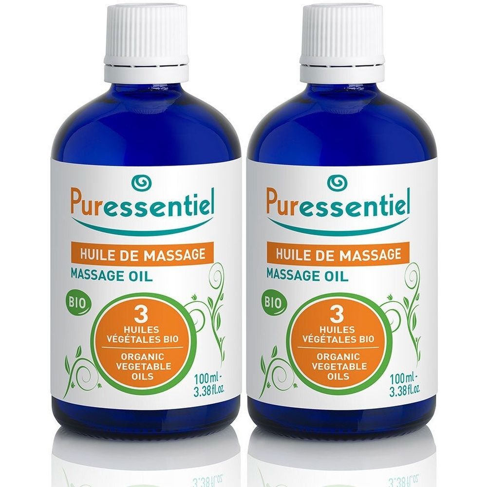 Zwei blaue Glasflaschen mit weißem Deckel. Etikett mit Produktnamen, Massageöl, und Bio-Zertifizierung. 100ml.