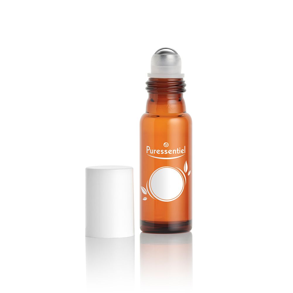 Flacon en verre brun avec applicateur roll-on et bouchon blanc à côté. "Puressentiel" est écrit sur le flacon.