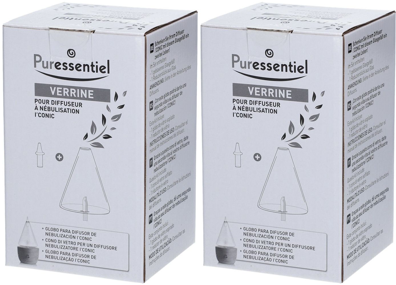 Zwei weiße Kartons mit Produktabbildung und Text. Aufschrift: Puressentiel, Verrine, pour diffuseur à nébulisation I'CONIC.