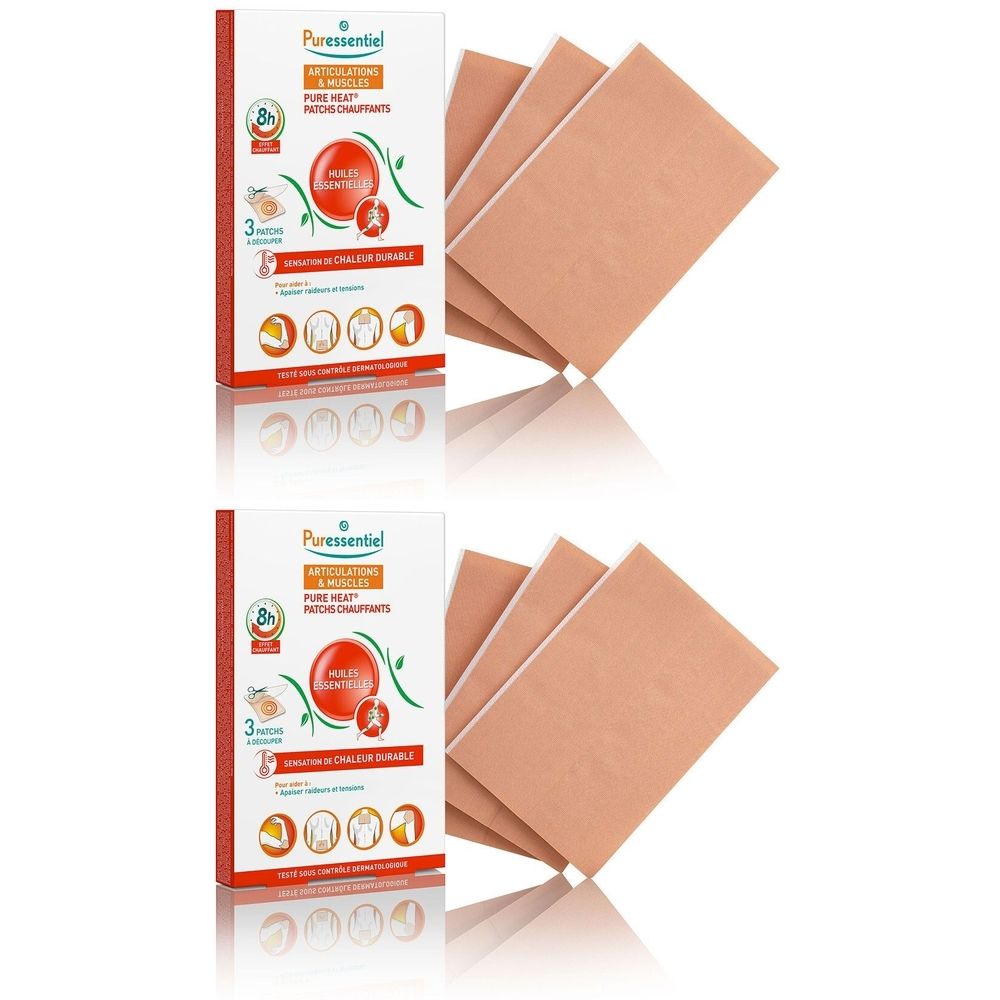 Deux boîtes de patchs chauffants et plusieurs patchs individuels. Inscription : Puressentiel, articulations et muscles.