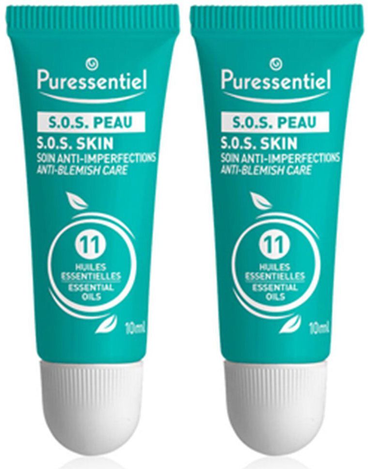Zwei Tuben mit türkisfarbenem Hintergrund. Aufschrift: Puressentiel, S.O.S. PEAU, S.O.S. SKIN, 11 essentielle Öle. Weiße Kappe.