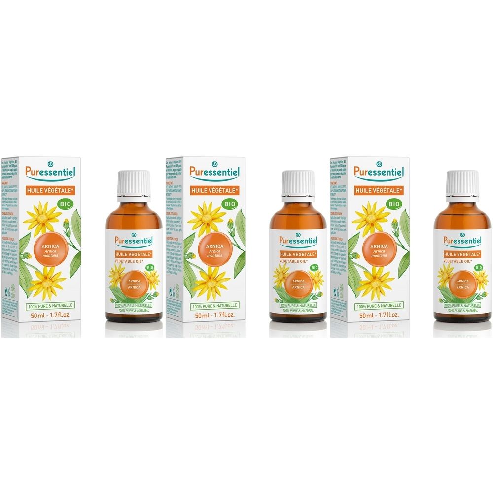 Puressentiel Bio Arnika Pflanzenöl in Braunglasflaschen mit Kartonverpackung.