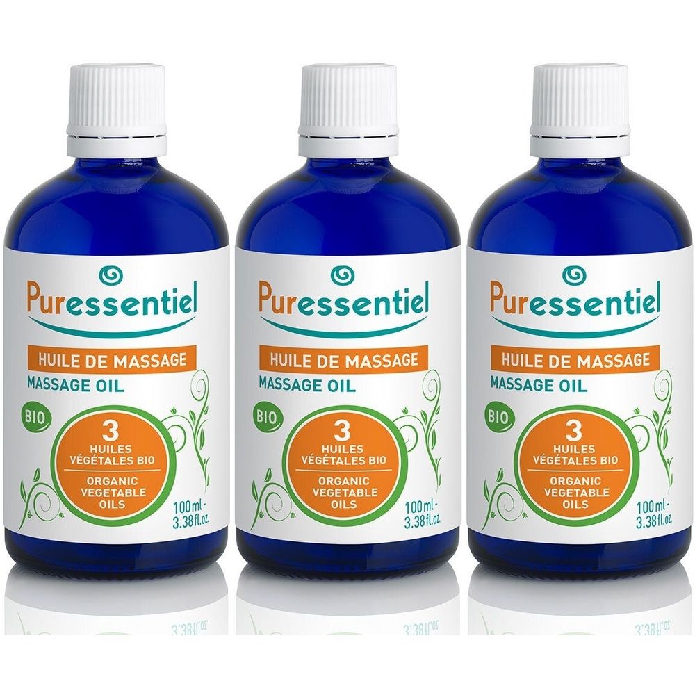 Drei blaue Glasflaschen mit weißem Deckel. Auf den Etiketten steht "Puressentiel", "Huile de Massage" und "Bio".