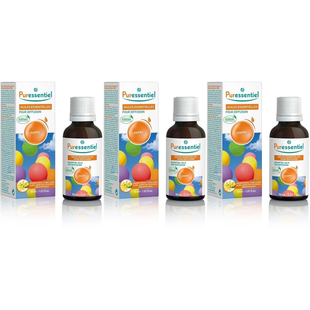 Cinq flacons en verre brun avec bouchon blanc, accompagnés d'emballages. Inscription : Puressentiel. Visuel de boules colorées.