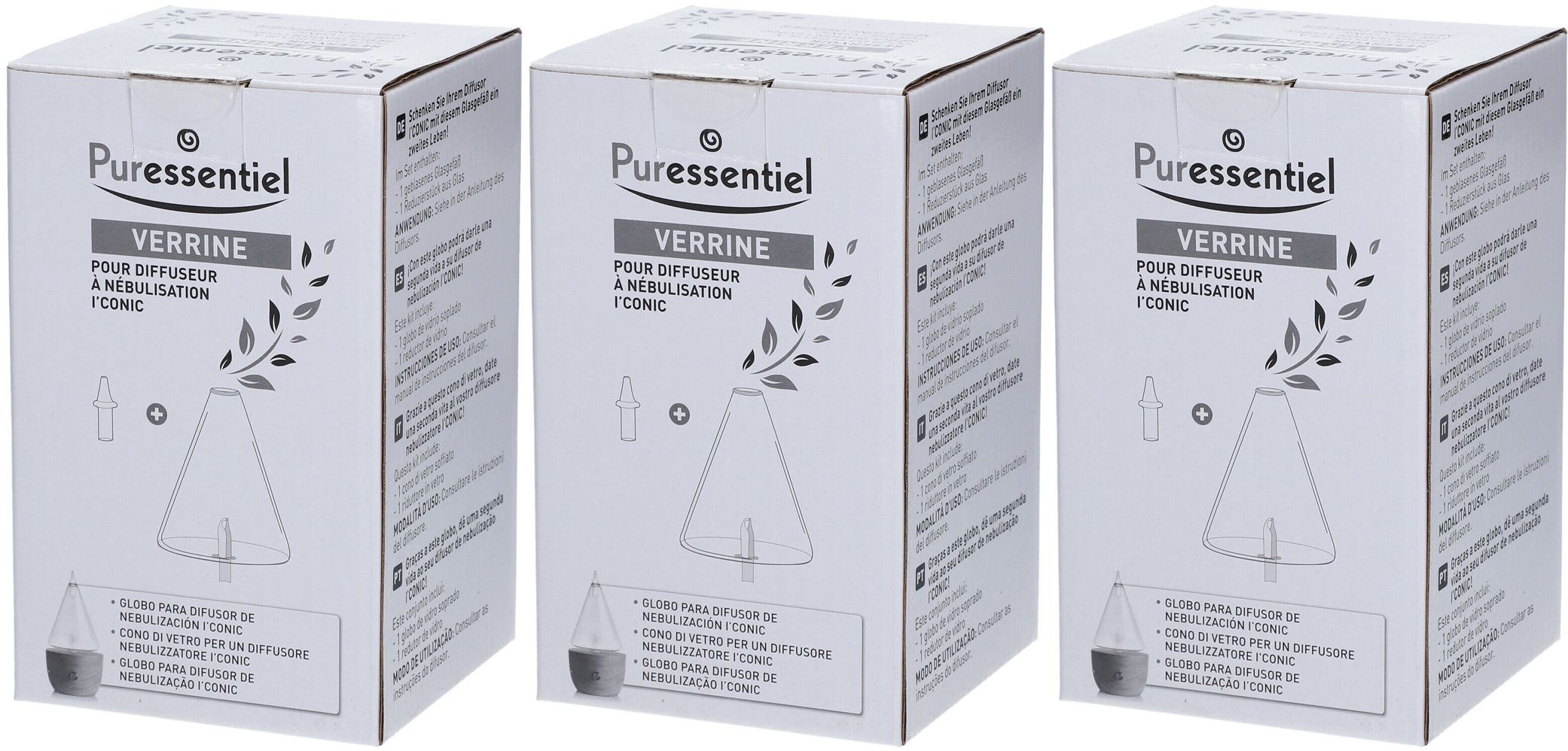 Trois boîtes blanches. Inscription: Puressentiel, Verrine, pour diffuseur & nébulisation I'CONIC. Illustration d'un récipient en verre.