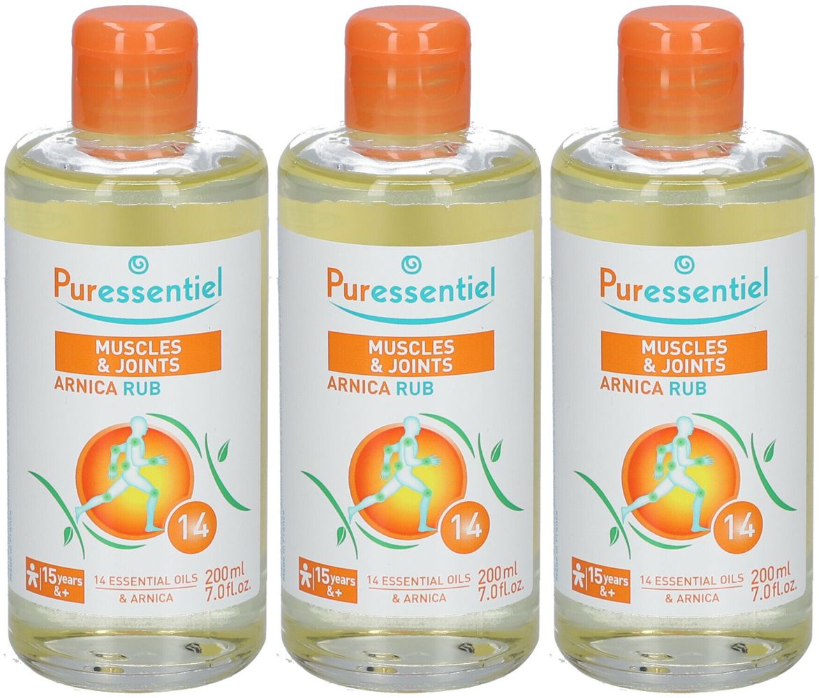 Drei Flaschen mit orangefarbenen Deckeln. Auf den Etiketten steht "Puressentiel Muscles & Joints Arnica Rub".