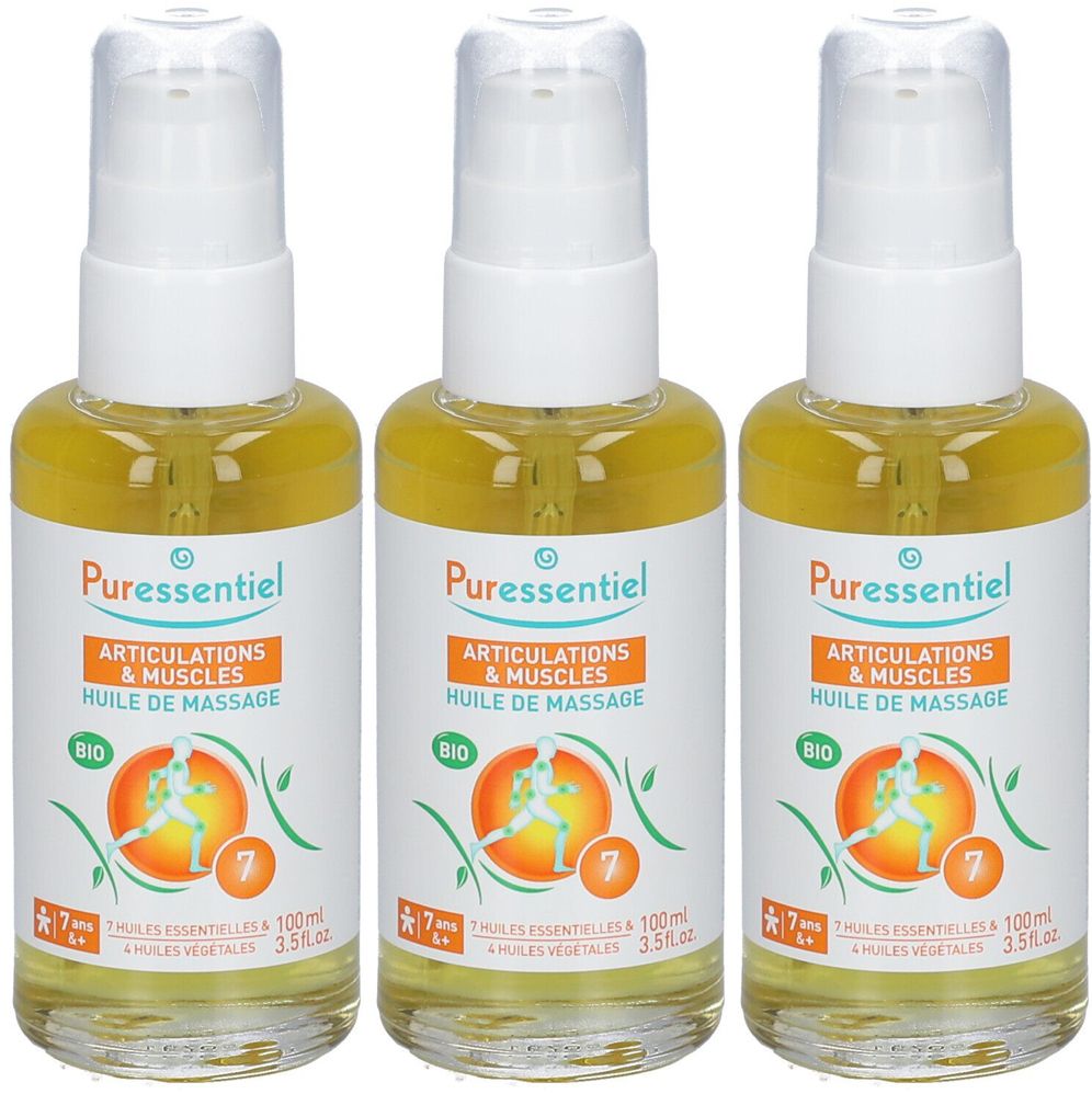 Drei Flaschen mit Massageöl. Aufschrift: Puressentiel, Articulations & Muscles, BIO. Mit Sprühkopf und orangefarbenem Etikett.