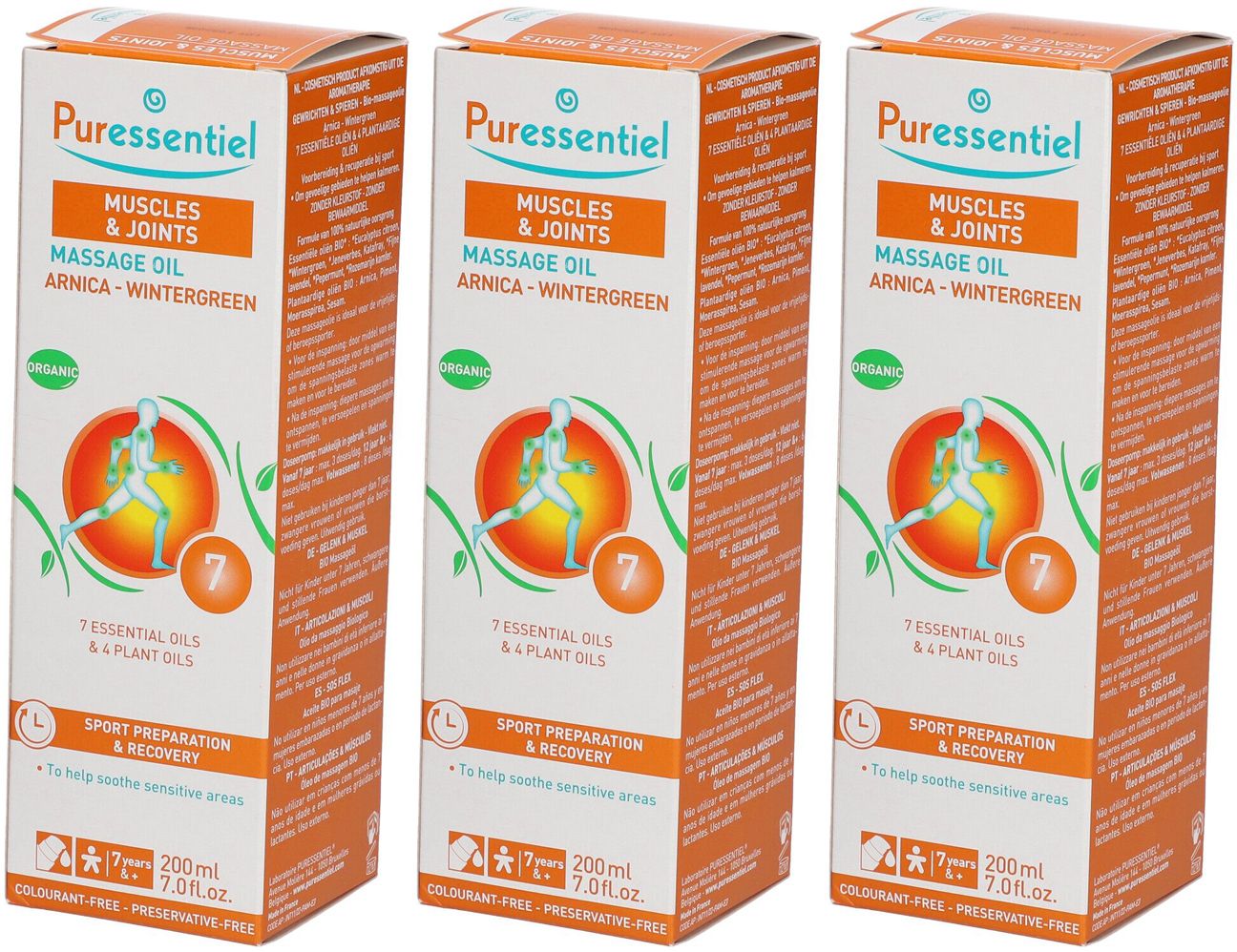 Drei identische orangefarbene Kartons. Aufschrift: Puressentiel, Muskeln & Gelenke Massageöl, Arnika-Wintergrün. Mit Logo und grüner Kennzeichnung.