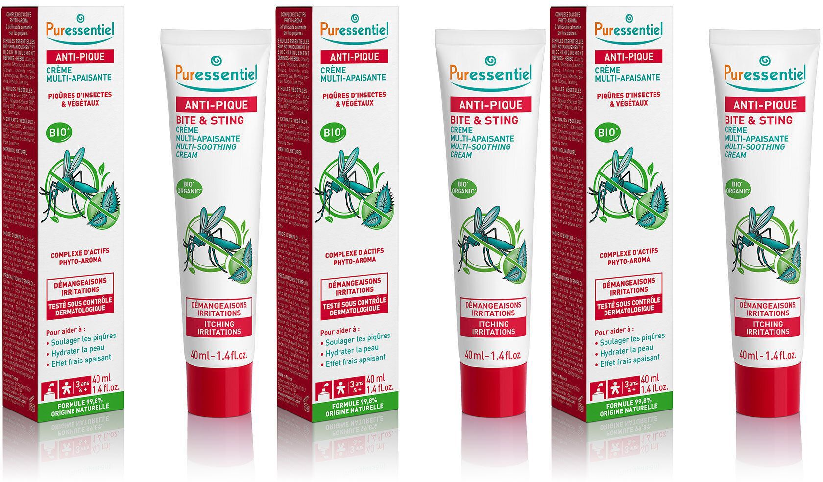 Mehrere Tuben Creme gegen Insektenstiche. Weiß, mit roter und grüner Schrift. Logo: grüner Schmetterling und Blätter.