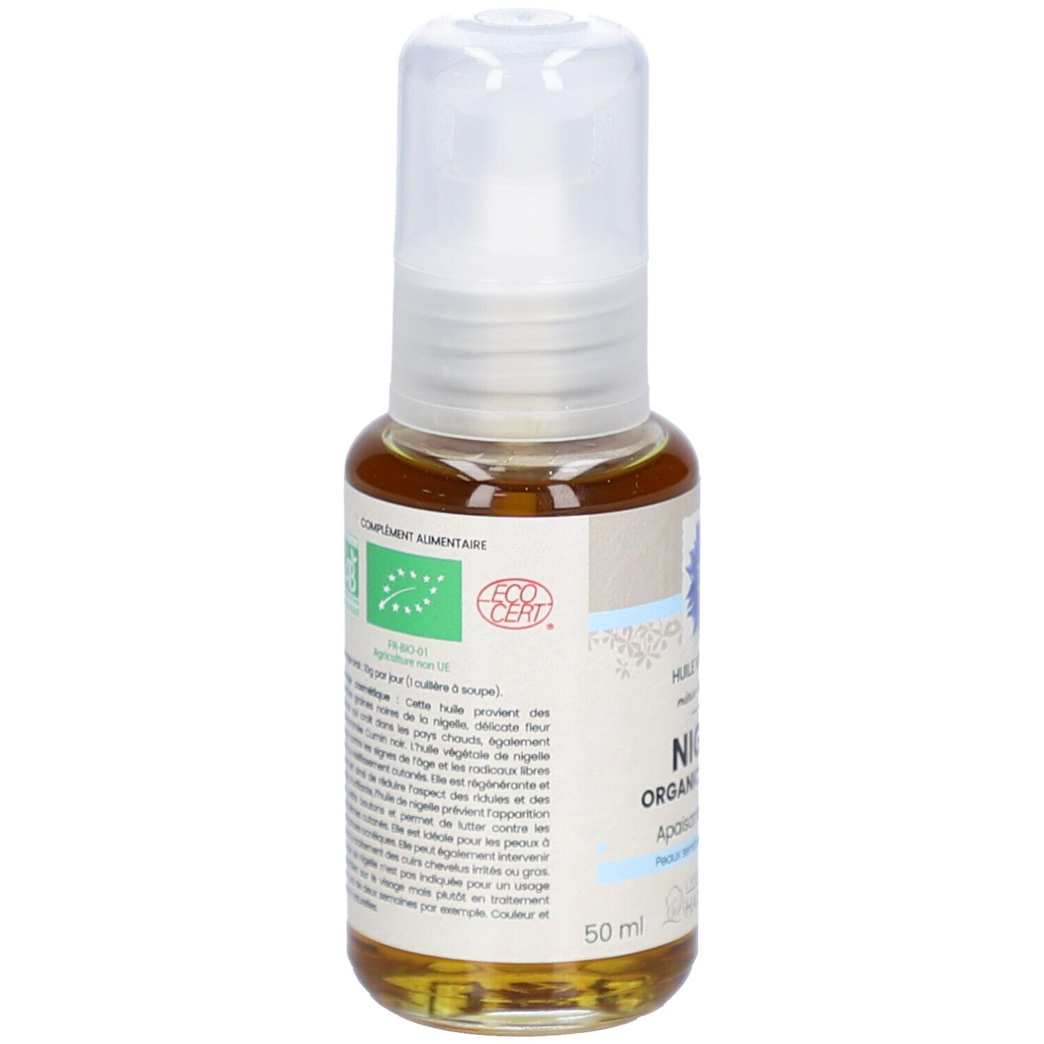 Dos d'une bouteille de liquide brun. Texte: ECO CERT, informations complémentaires. Label: Laboratoire du Haut-Ségala.