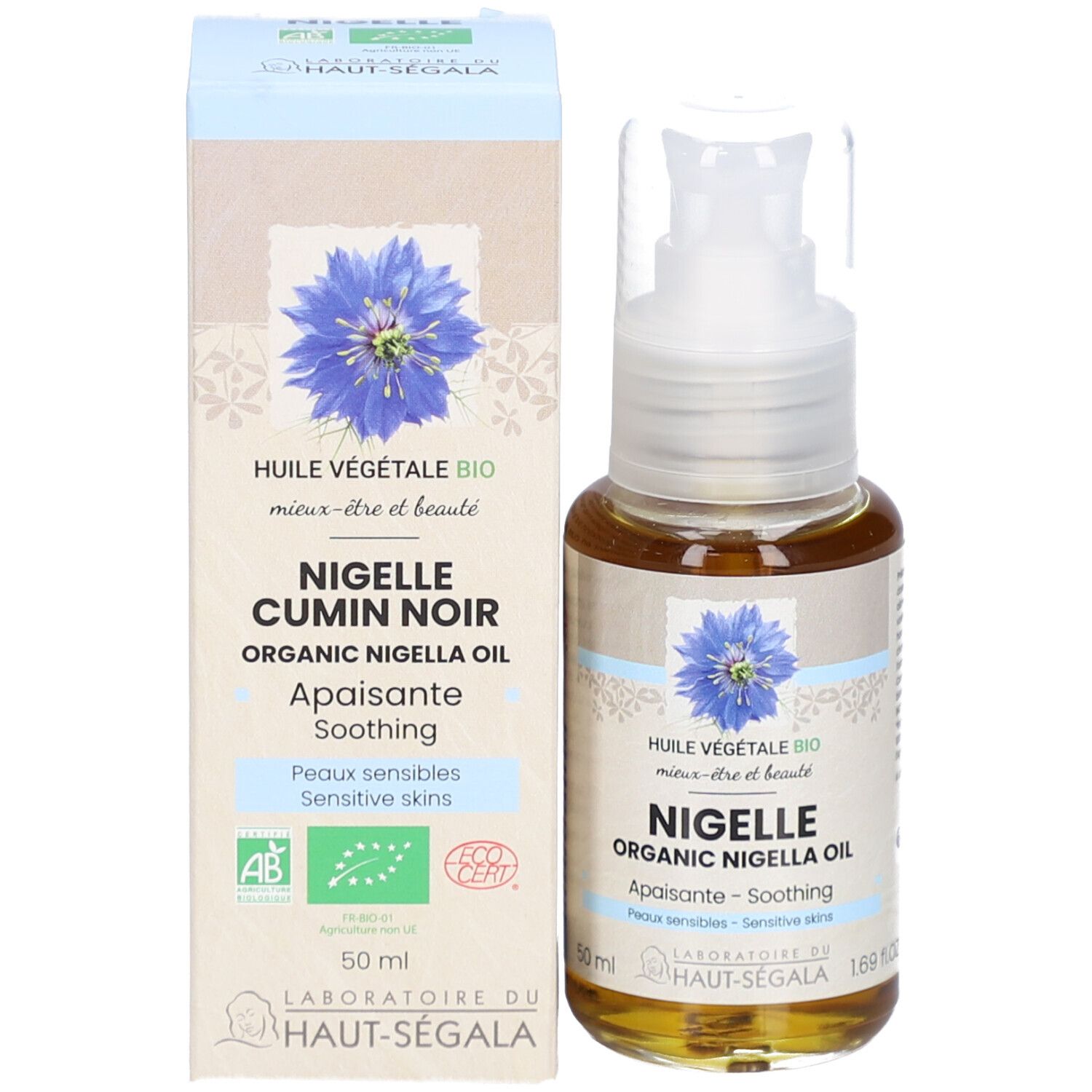 Flacon et boîte. Inscription: Nigelle Cumin Noir Organic Nigella Oil. Label: Laboratoire du Haut-Ségala. Certifications.