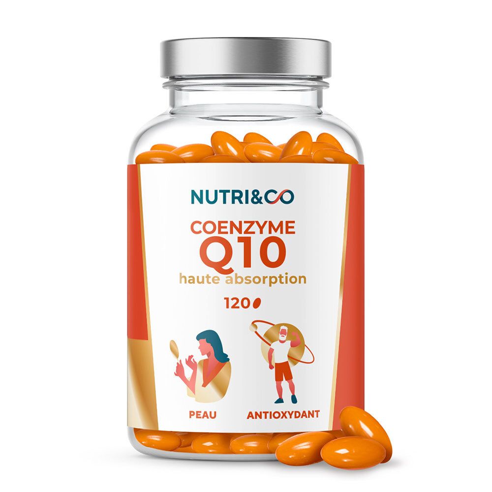 Glasflasche mit Kapseln. Aufschrift: NUTRI&CO COENZYME Q10, 120. Illustrationen: Frau, Mann. Orangefarbene Kapseln.