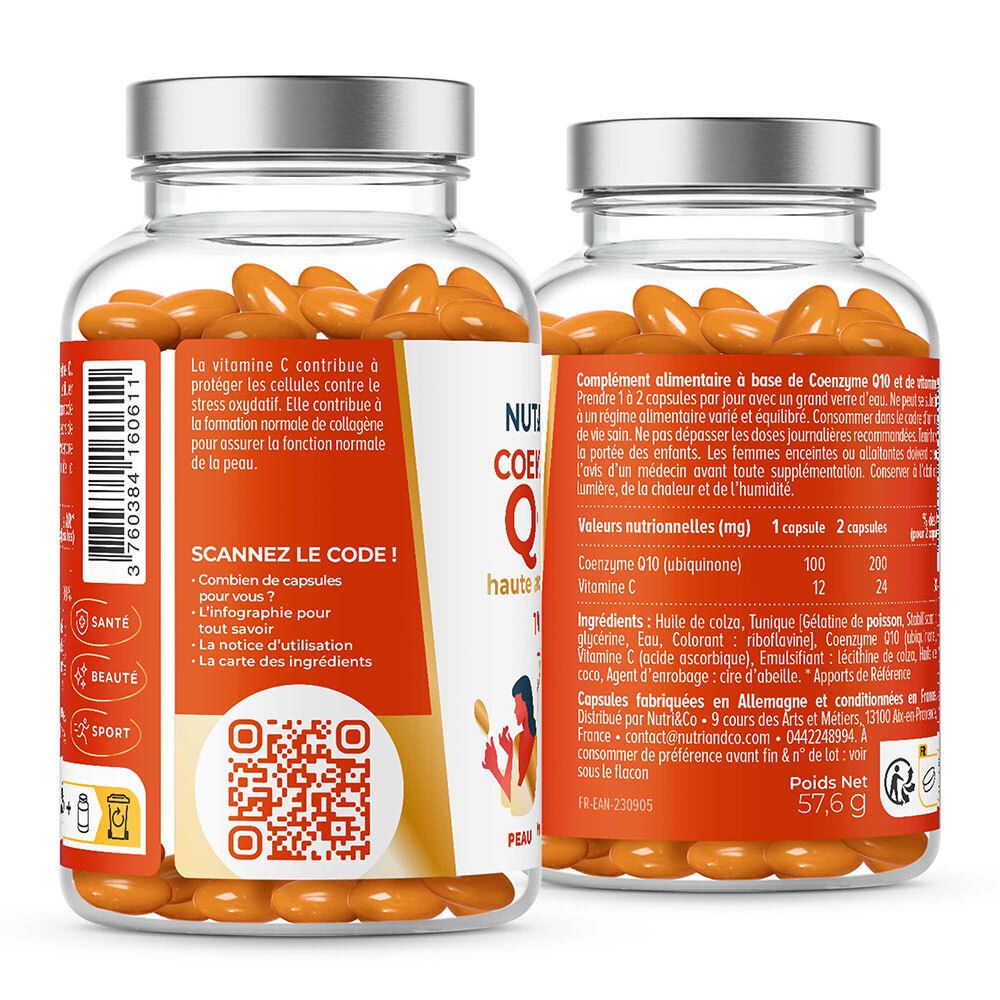 Rückseite der Flasche mit Text. QR-Code, Gesundheits-, Schönheits- und Sport-Icons. Orangefarbene Kapseln.