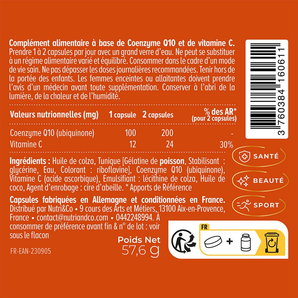 Nahaufnahme der Rückseite der Flasche. Text, QR-Code, Gesundheits-, Schönheits- und Sport-Icons. Orangefarbene Kapseln.