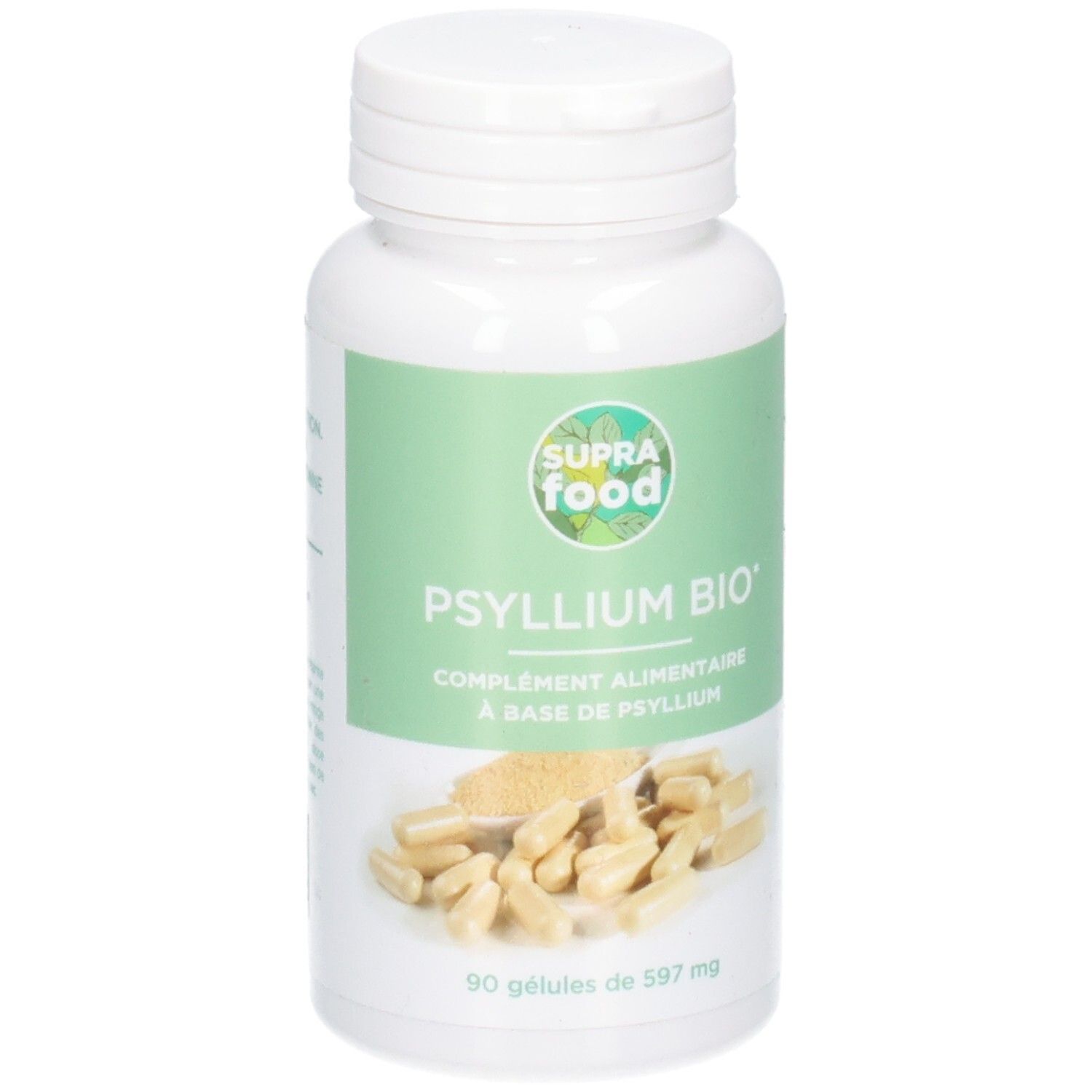 Weiße Flasche mit Kapseln. Aufschrift: SUPRAFOOD, PSYLLIUM BIO, 90 Gelules. Grün-weiße Etikett.