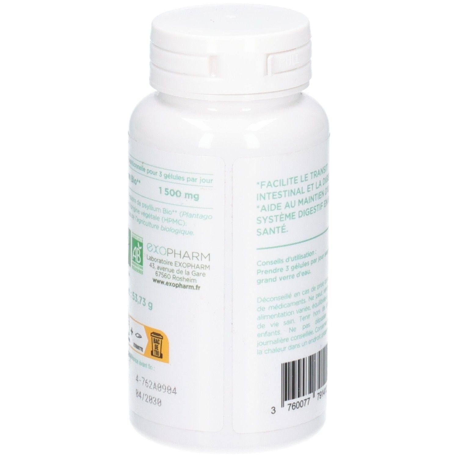 Weiße Flasche, Seitenansicht. Text: Fördert die Darmpassage. Barcode, Informationen und Logo.