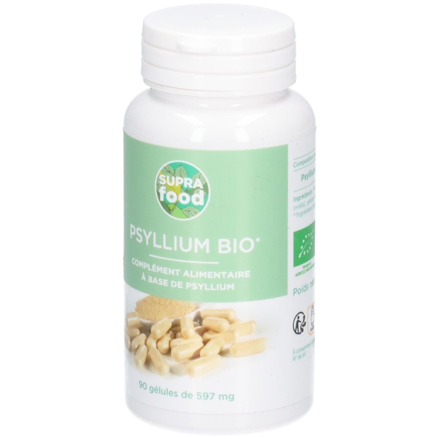 Weiße Flasche mit Kapseln. Aufschrift: SUPRAFOOD, PSYLLIUM BIO, 90 Gelules. Grün-weißes Etikett.