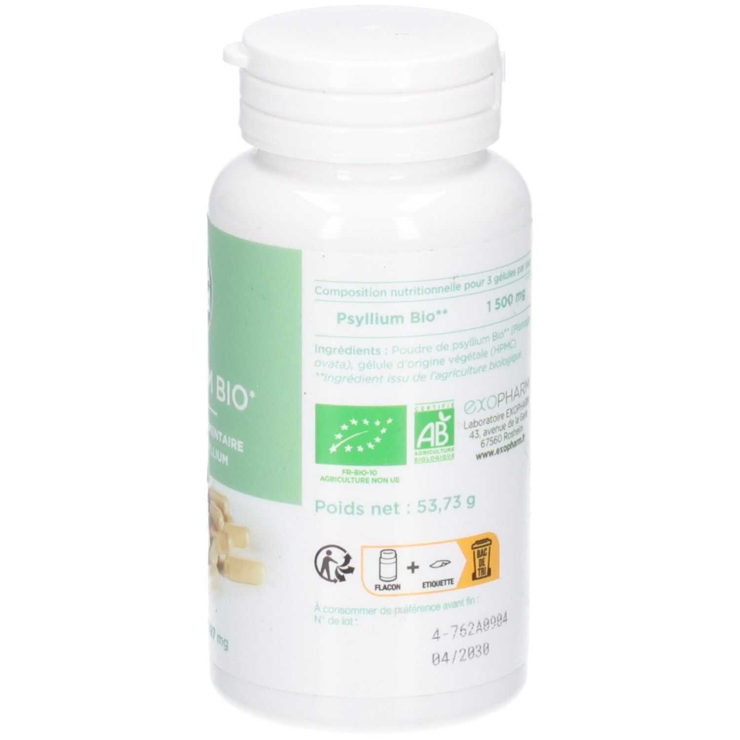 Rückseite der weißen Flasche. Text: Psyllium Bio, Zutaten, Bio-Siegel, Nettogewicht. Informationen.