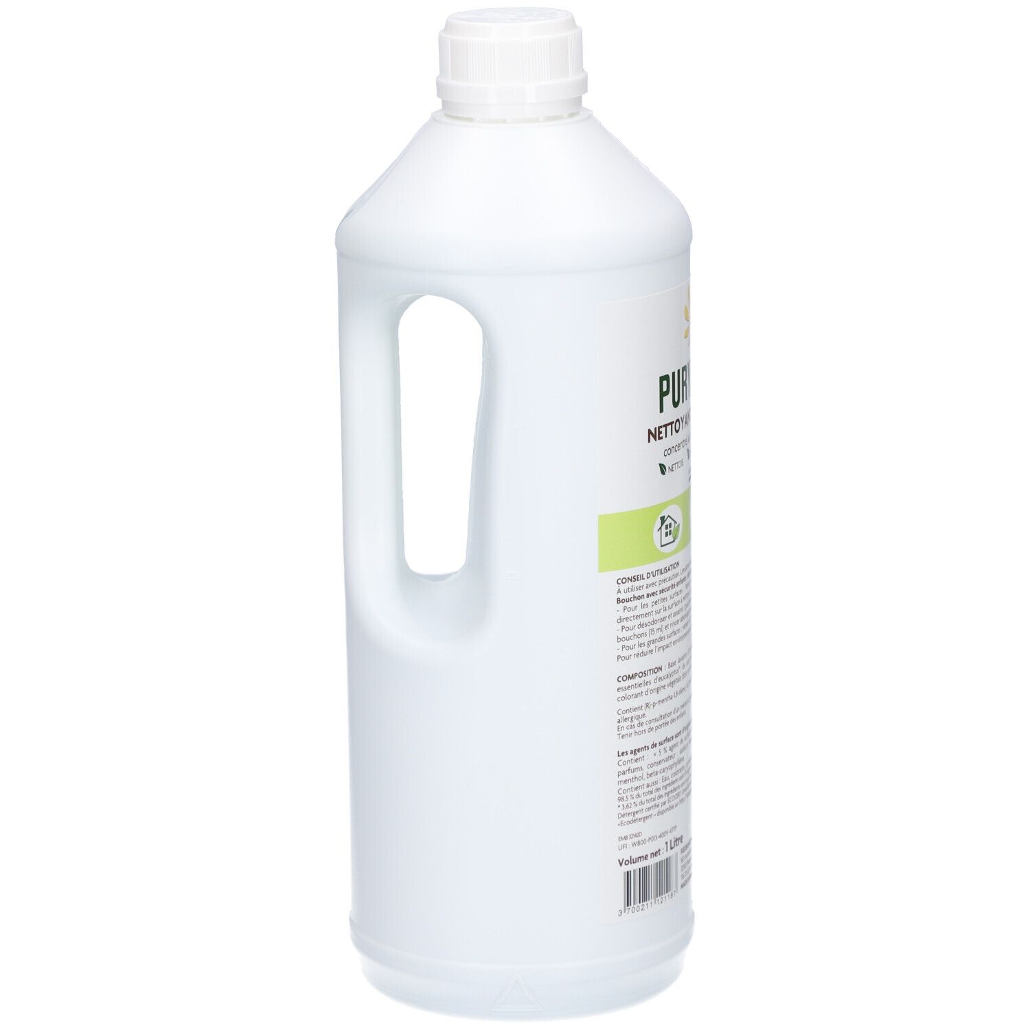 Weiße Flasche mit Griff. Aufschrift: PURYFITOUT, Reinigungsmittel. ECOCERT-Zertifizierung. 1 Liter.