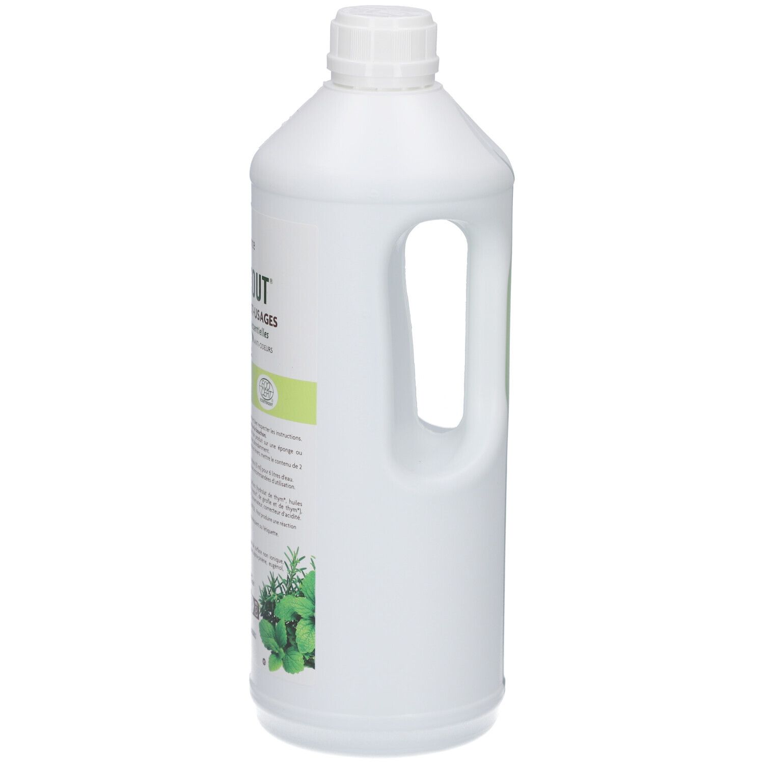 Weiße Flasche mit Griff. Aufschrift: PURYFITOUT, Reinigungsmittel. ECOCERT-Zertifizierung. 1 Liter.