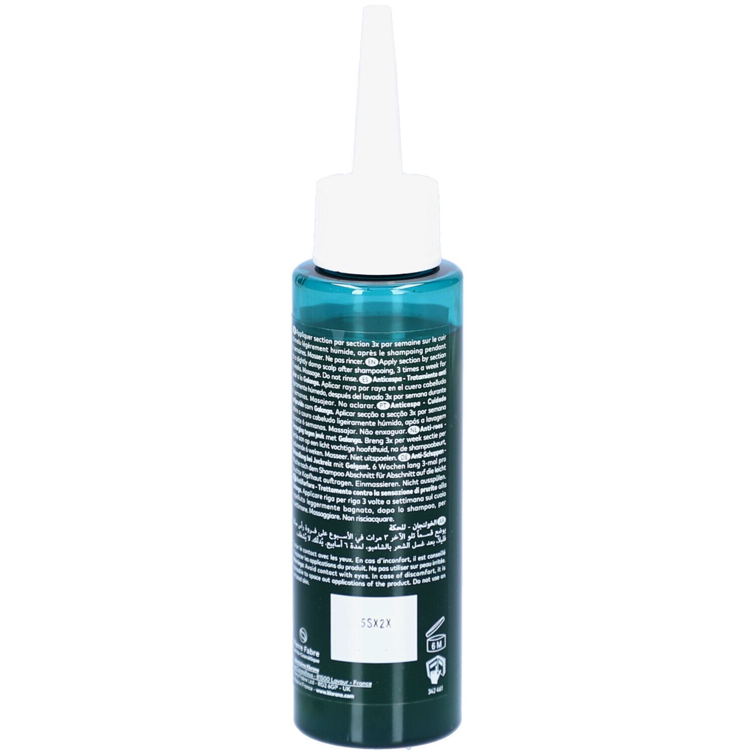 Flacon vert avec applicateur blanc. Texte au dos. Inscriptions: KLORANE, Antipelliculaire, Anti-Démangeaisons, Anti-Dandruff Treatment.