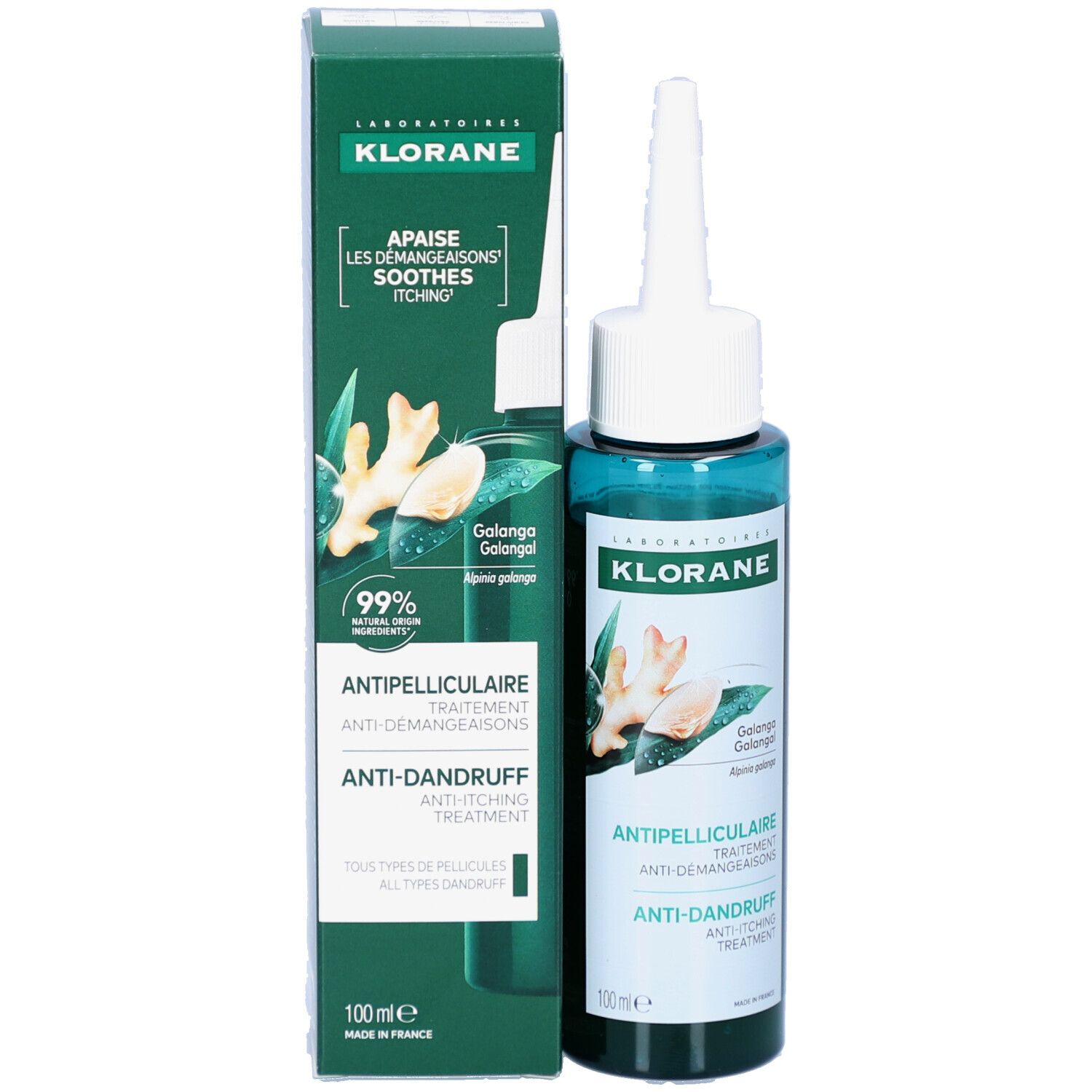 Produit avec emballage. Boîte verte et flacon avec applicateur blanc. Inscriptions: KLORANE, Antipelliculaire, Anti-Démangeaisons.