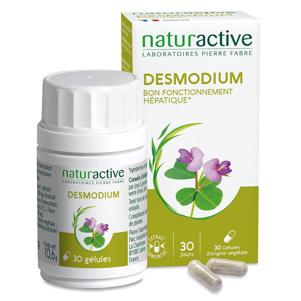 Naturaktive Desmodium-Kapseln und -Verpackung. Weiße Kapsel-Flasche und Schachtel mit Produktnamen und Logo. 30 Kapseln.