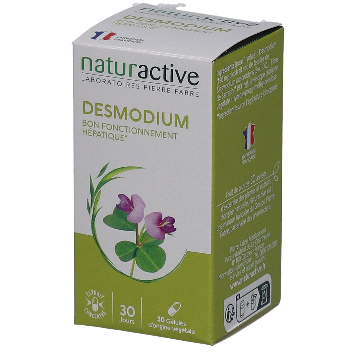 Boîte de NATURACTIVE Desmodium. Inscription: BON FONCTIONNEMENT HÉPATIQUE. Illustration d'une plante à fleurs violettes. 30 gélules.
