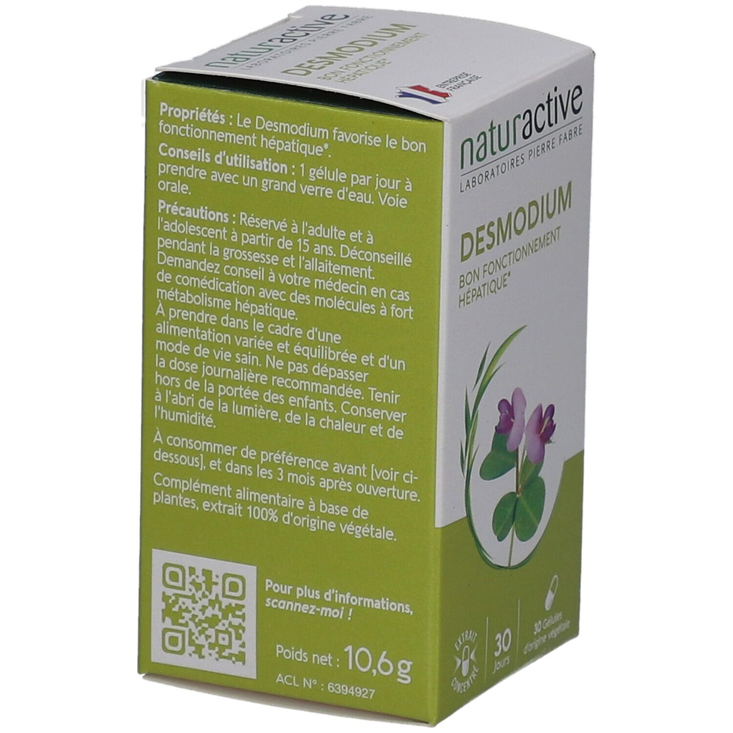 Dos de la boîte de NATURACTIVE Desmodium. Texte en français. Code QR et indication de poids: 10,6 g. 30 gélules.