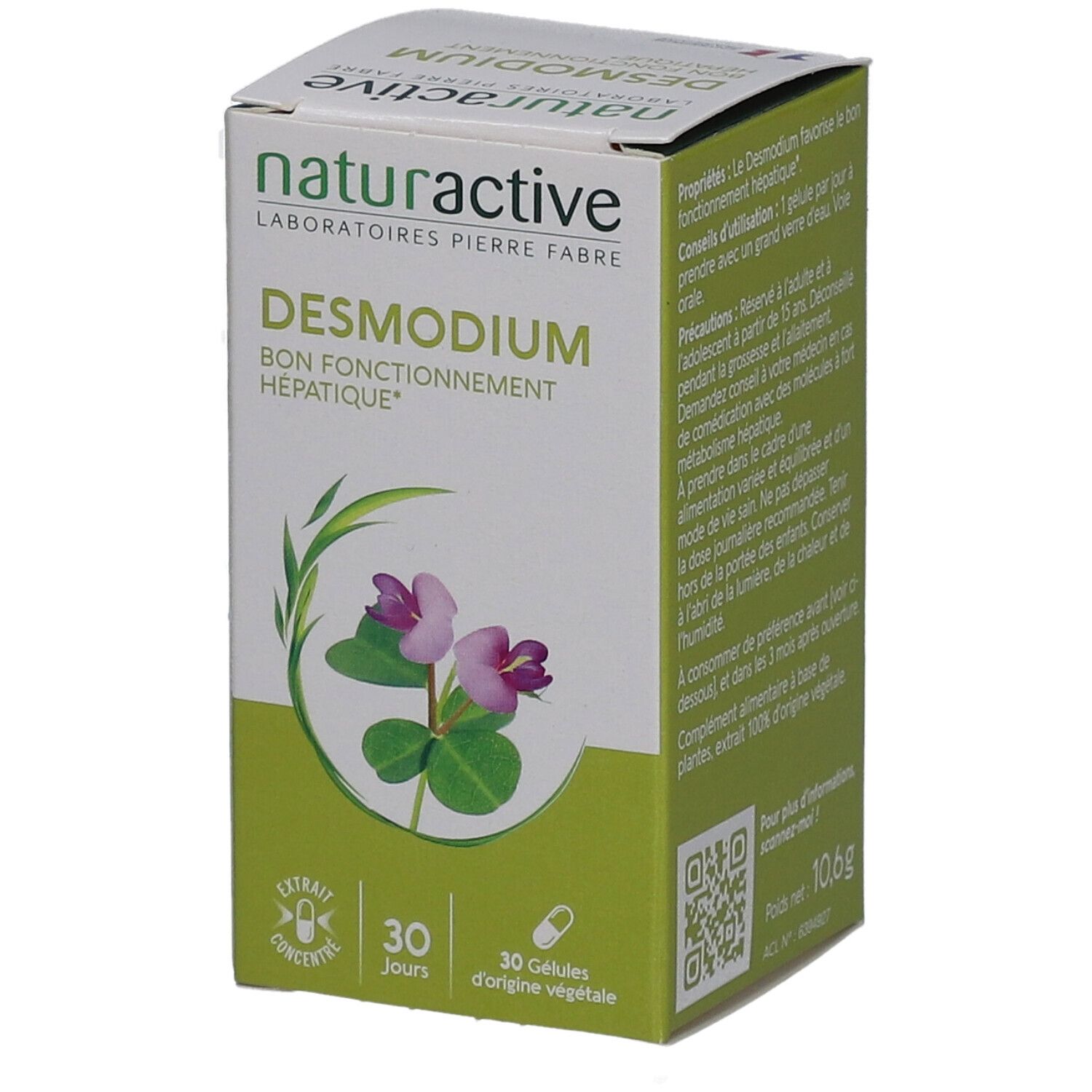 Boîte de NATURACTIVE Desmodium. Inscription: BON FONCTIONNEMENT HÉPATIQUE. Illustration d'une plante à fleurs violettes. 30 gélules. Texte en français.