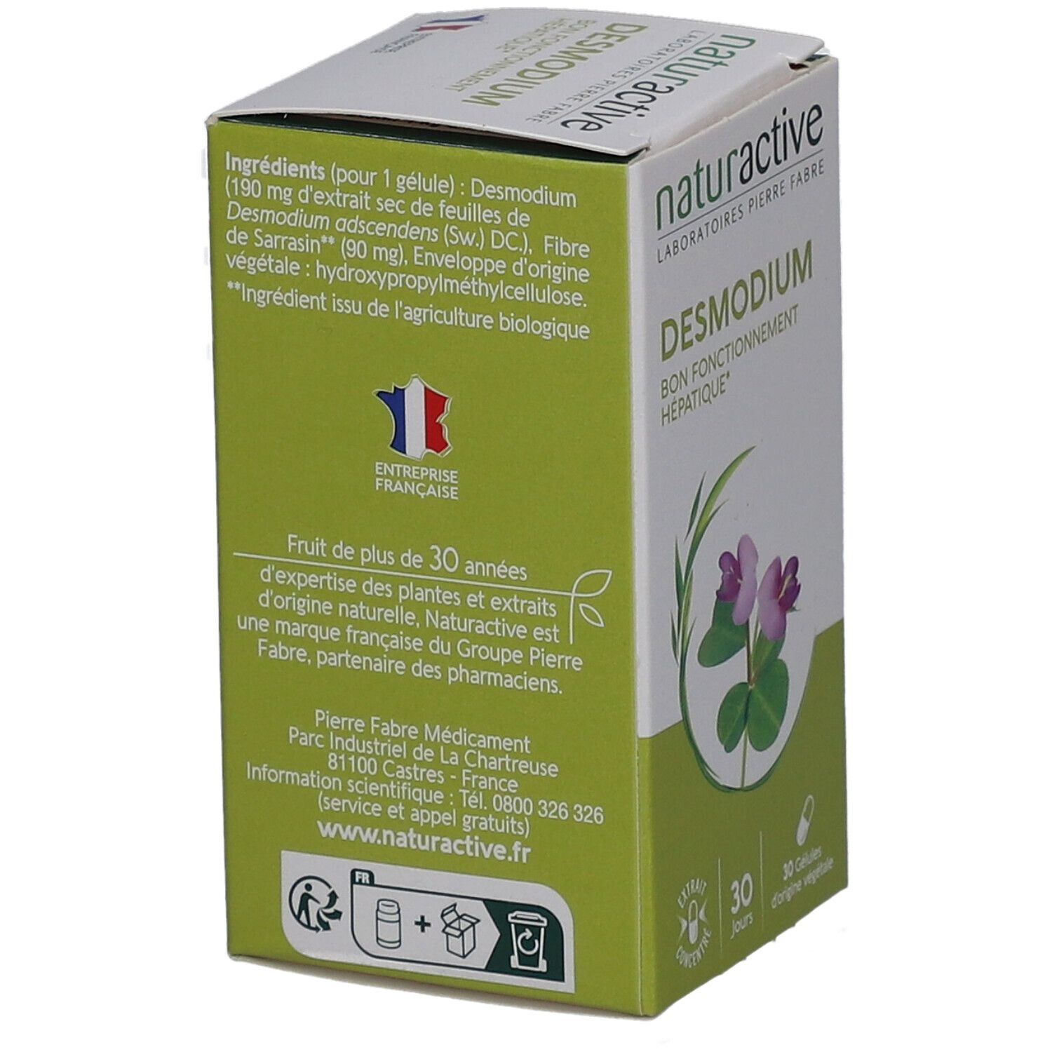 Dos de la boîte de NATURACTIVE Desmodium. Texte en français. Liste des ingrédients. Logo 'Entreprise Française'.