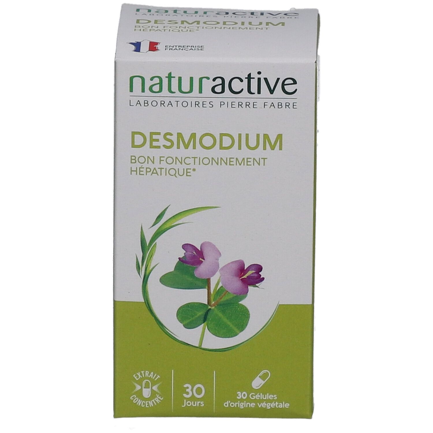 Boîte de NATURACTIVE Desmodium. Inscription: BON FONCTIONNEMENT HÉPATIQUE. Illustration d'une plante à fleurs violettes. 30 gélules. Drapeau français.