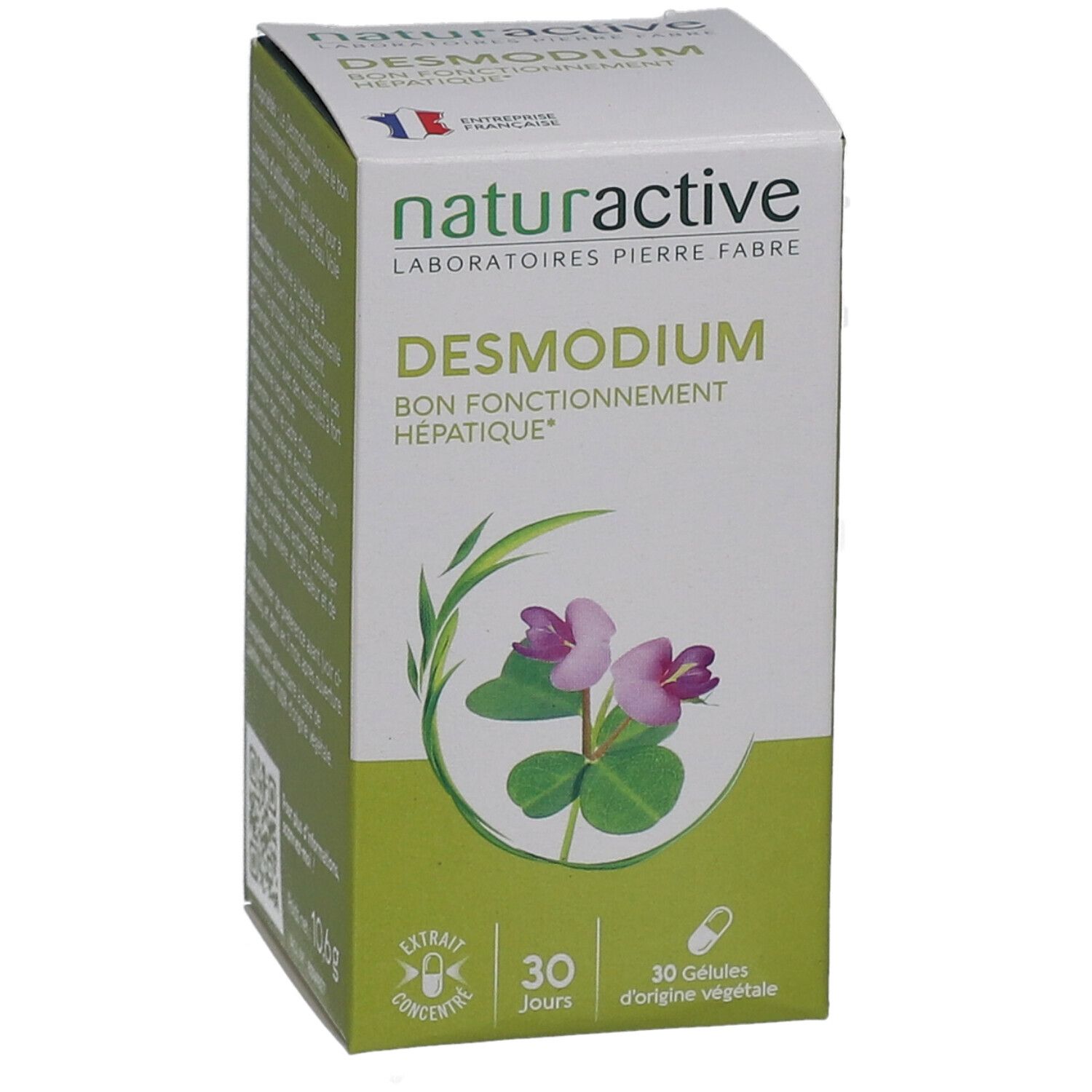 Boîte de NATURACTIVE Desmodium. Inscription: BON FONCTIONNEMENT HÉPATIQUE. Illustration d'une plante à fleurs violettes. 30 gélules. Drapeau français.