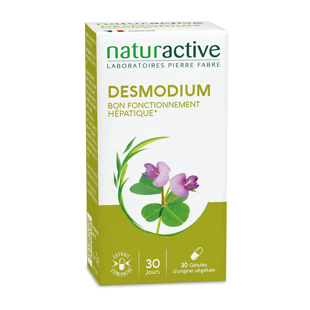 Verpackung von Naturaktive Desmodium. Weiße Schachtel mit Produktnamen, Logo und floralem Design. 30 Kapseln.