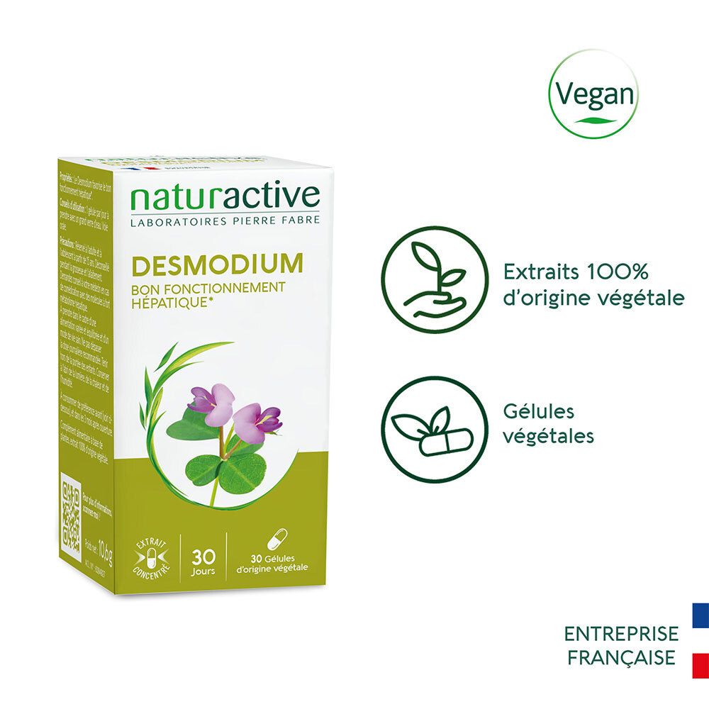 Naturaktive Desmodium-Verpackung. Weiße Schachtel mit Produktnamen, Logo und floralem Design. Vegan-Siegel.