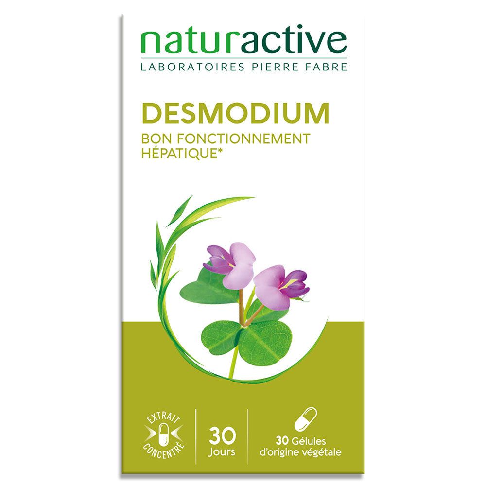 Naturaktive Desmodium-Verpackung. Weiße Schachtel mit Produktnamen, Logo und floralem Design. 30 Kapseln.