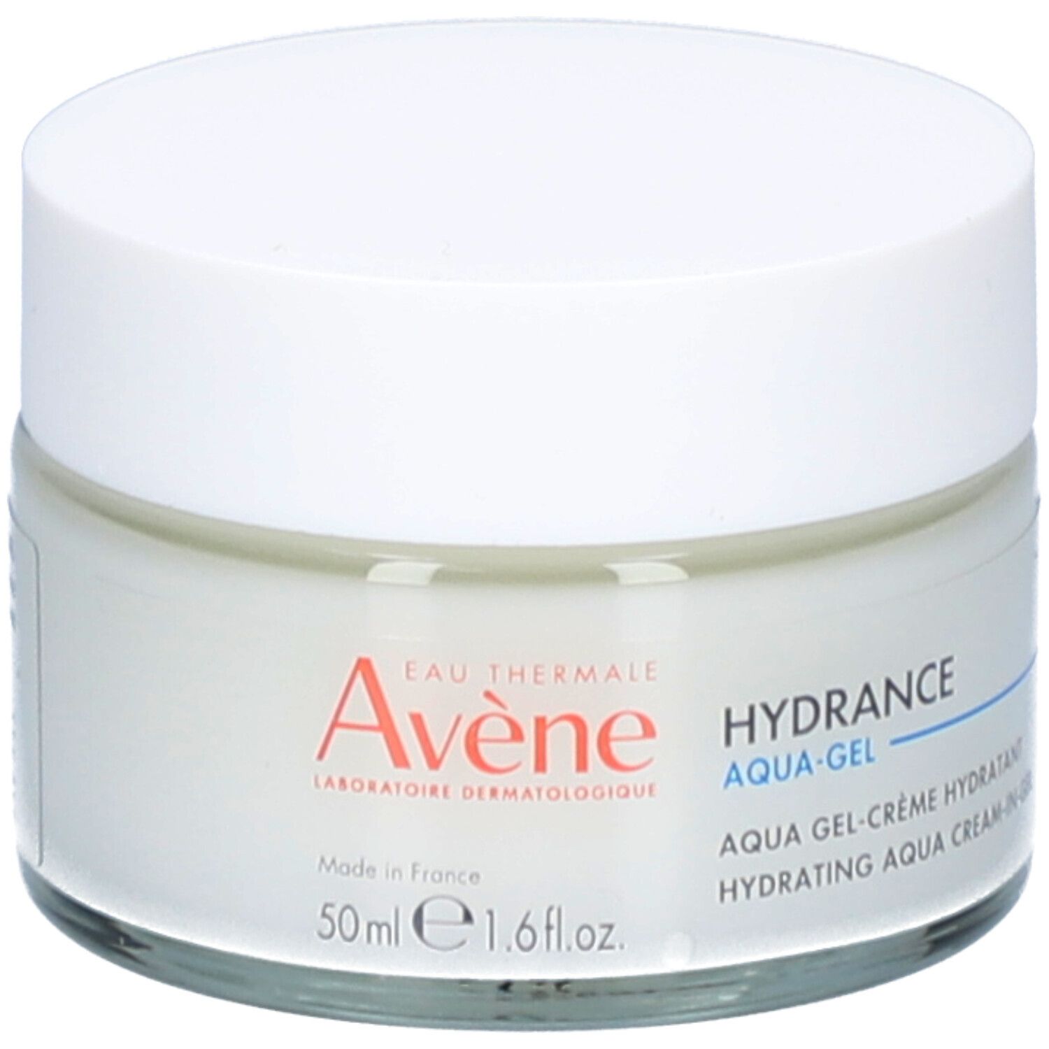 Pot de crème avec couvercle blanc. Inscription: Eau Thermale Avène, Hydrance Aqua-Gel. 50 ml.