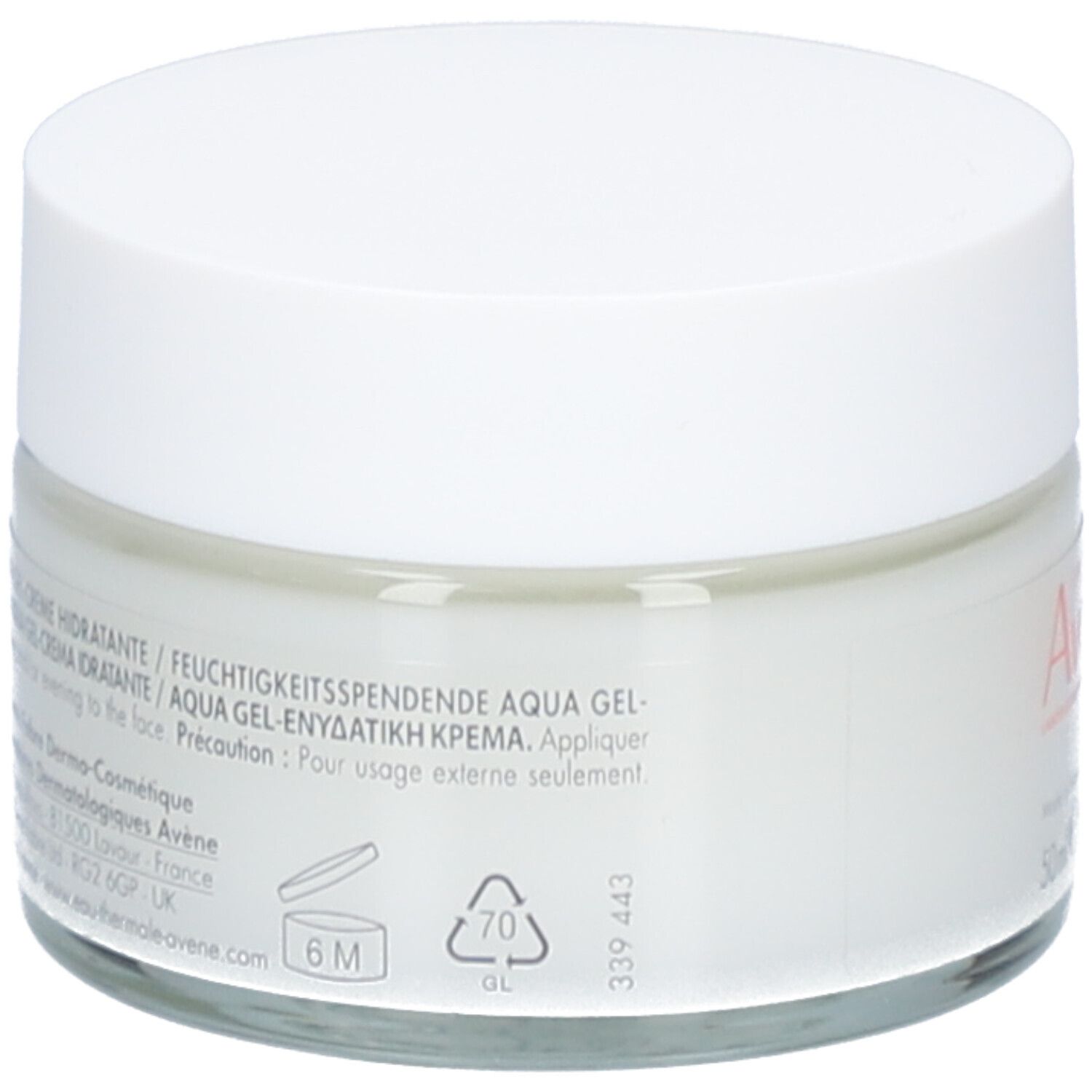 Dos d'un pot de crème avec couvercle blanc. Texte multilingue. Symbole 6M.