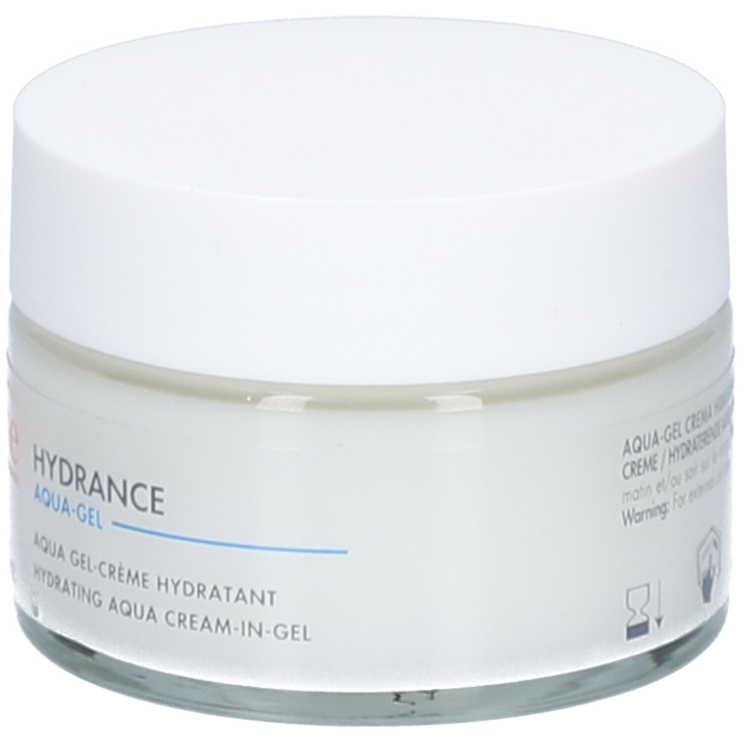 Pot de crème avec couvercle blanc. Inscription: Hydrance Aqua-Gel. Aqua Gel-Crème Hydratant.