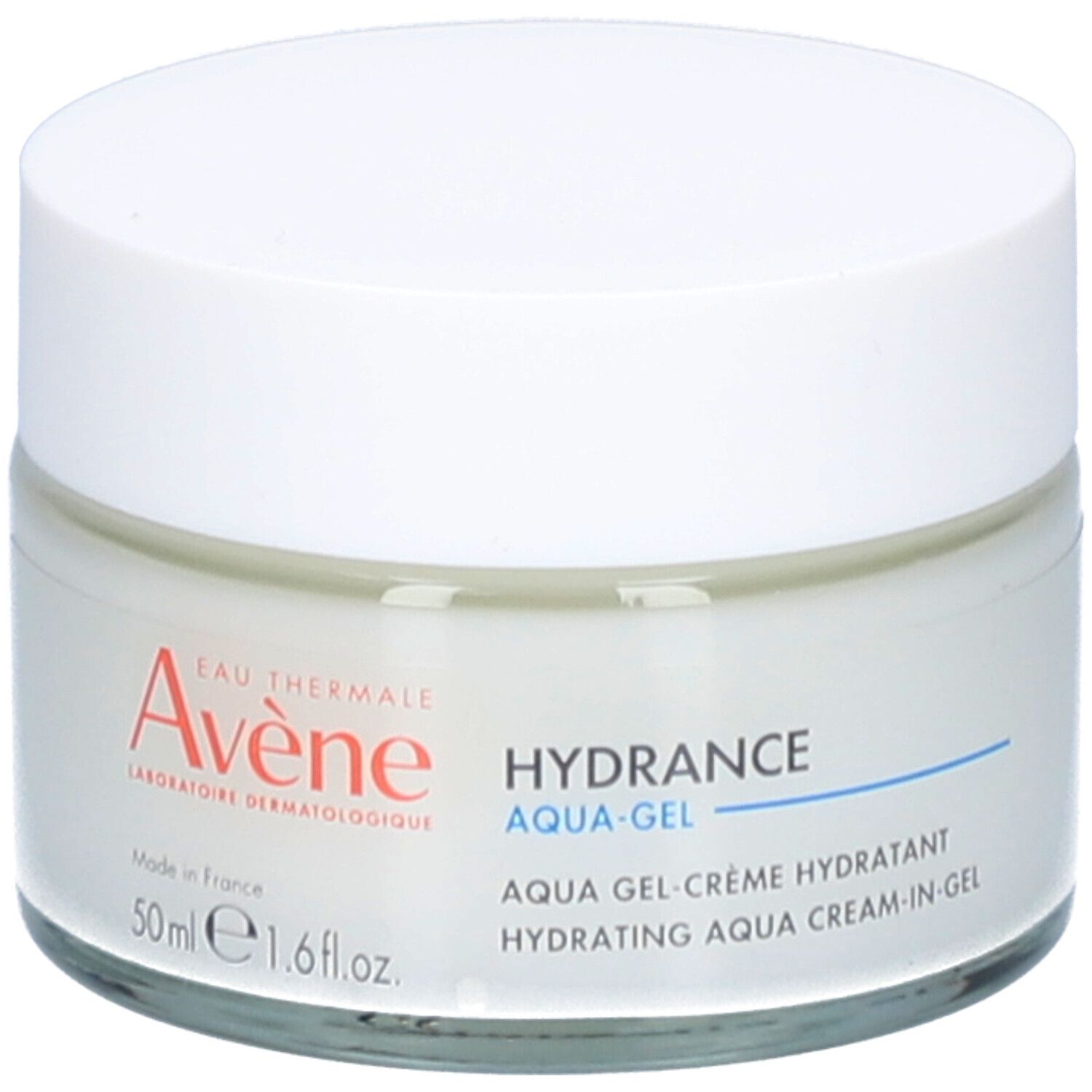 Pot de crème avec couvercle blanc. Inscription: Eau Thermale Avène, Hydrance Aqua-Gel. 50 ml.