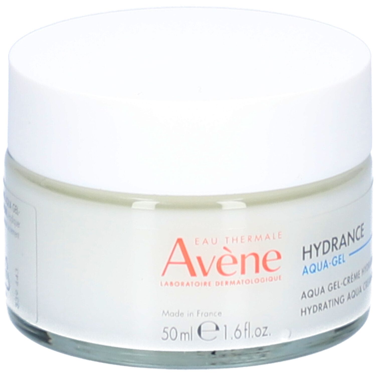 Pot de crème avec couvercle blanc. Inscription: Eau Thermale Avène, Hydrance Aqua-Gel. 50 ml.