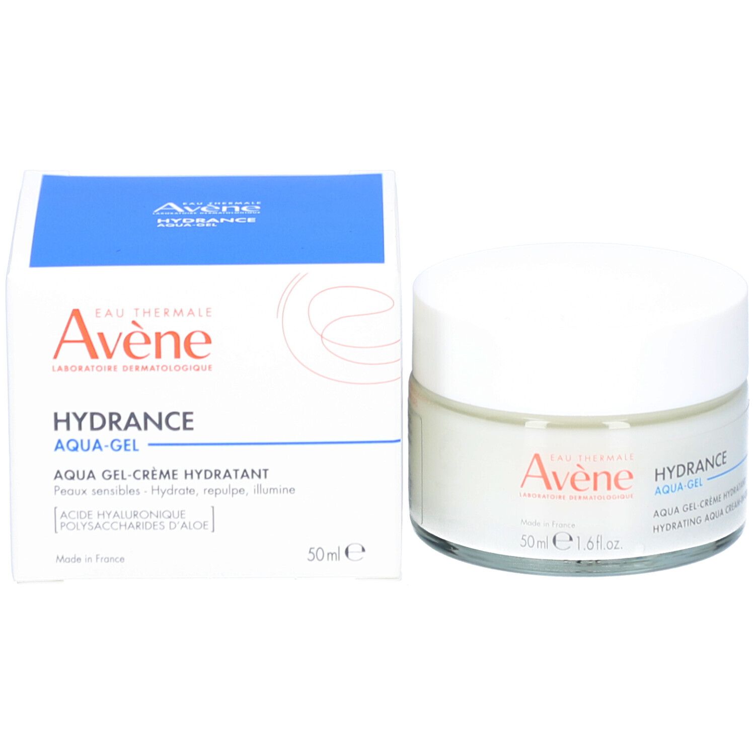 Pot de crème et boîte. Inscription: Eau Thermale Avène, Hydrance Aqua-Gel. 50 ml.