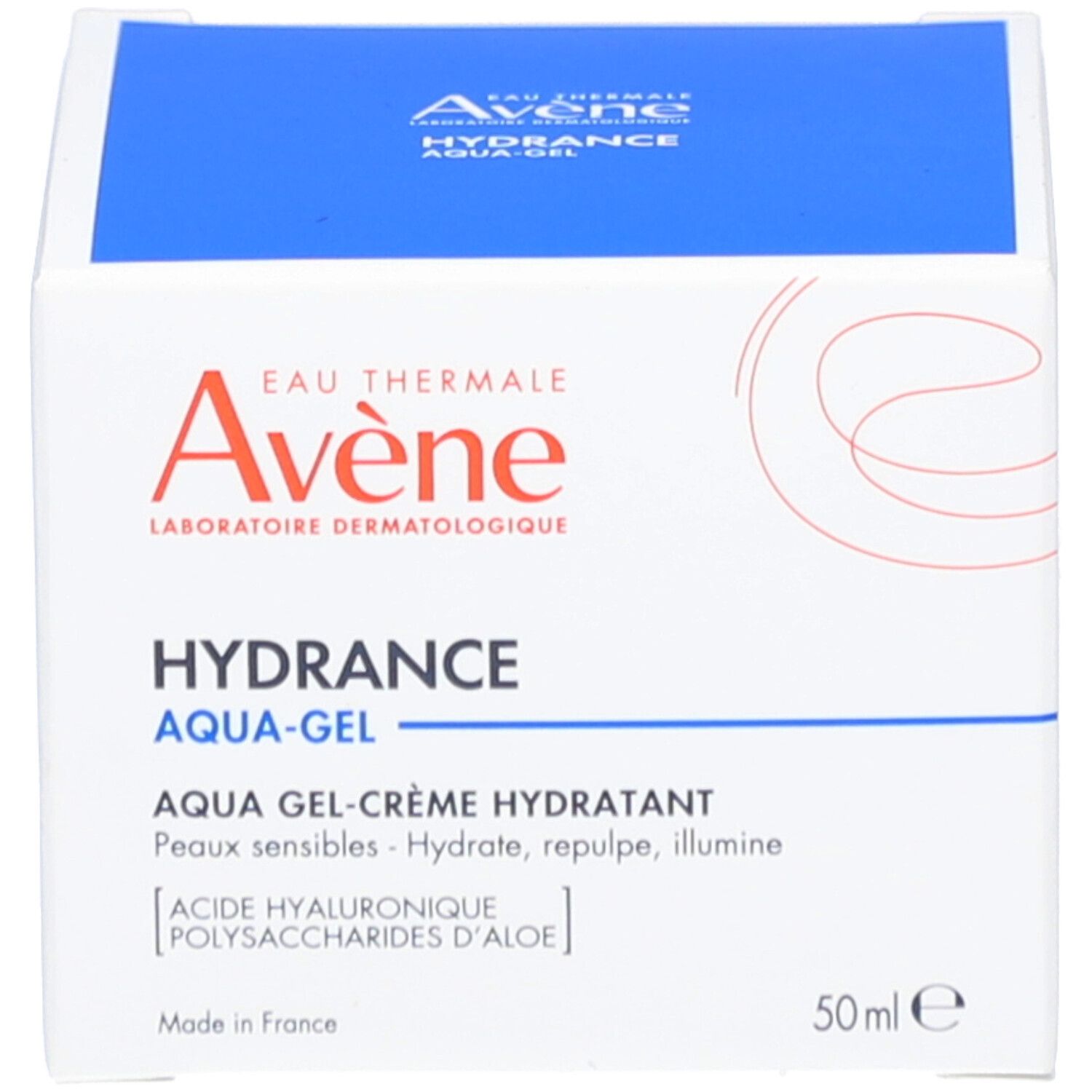 Boîte. Inscription: Eau Thermale Avène, Hydrance Aqua-Gel. 50 ml. Accents bleus.