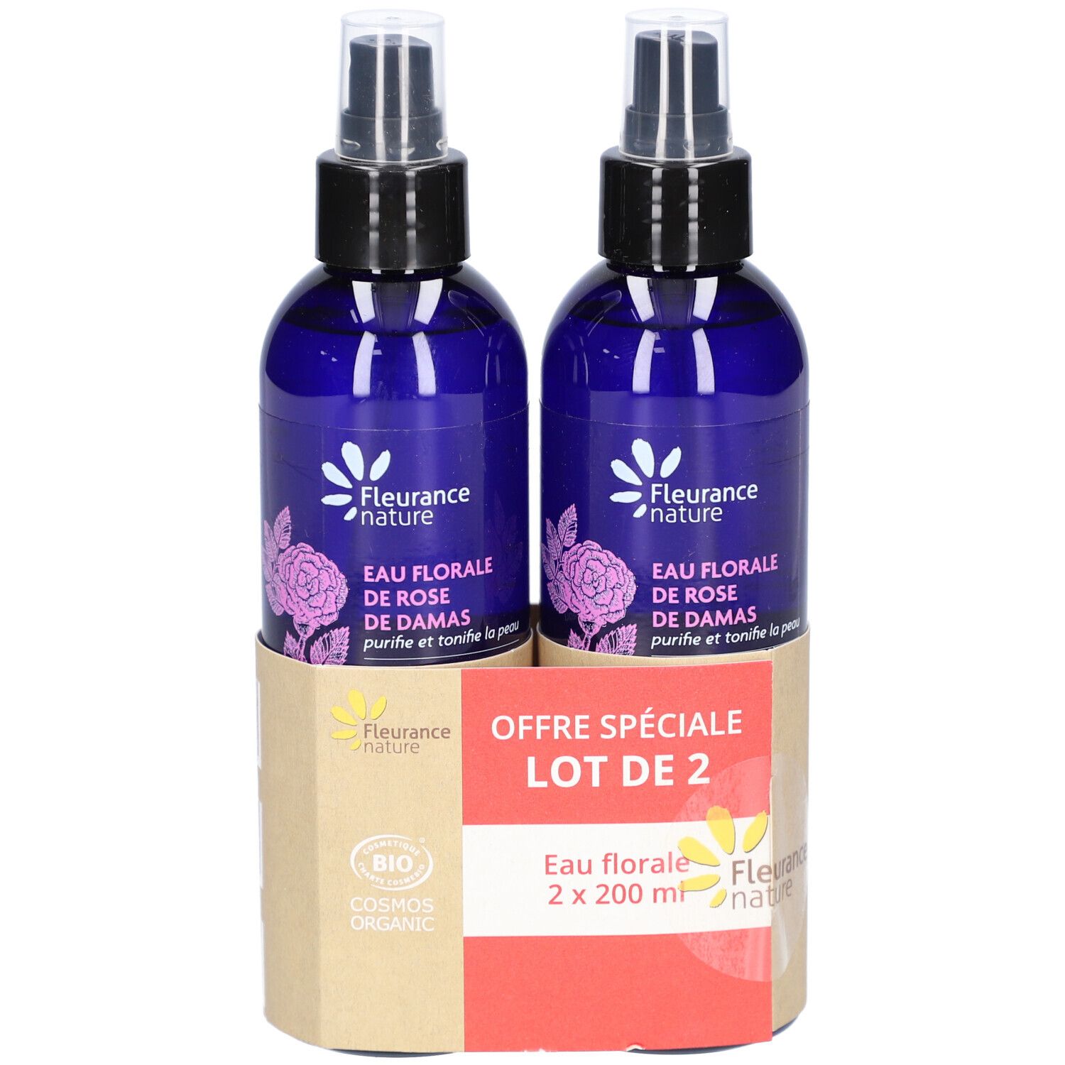 Zwei blaue Sprühflaschen mit schwarzem Sprühkopf in Kartonverpackung. Aufdruck: Eau Florale de Rose de Damas, Bio-Zertifizierung.