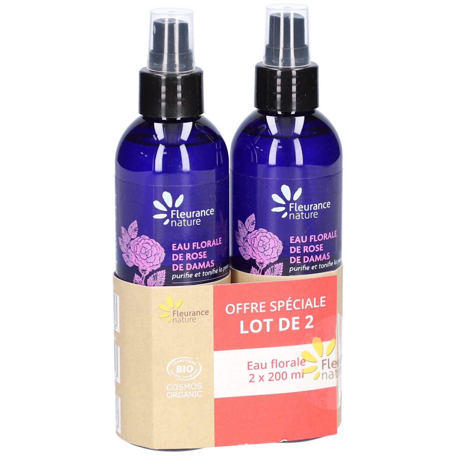 Zwei blaue Sprühflaschen mit schwarzem Sprühkopf in Kartonverpackung. Aufdruck: Eau Florale de Rose de Damas, Bio-Zertifizierung.