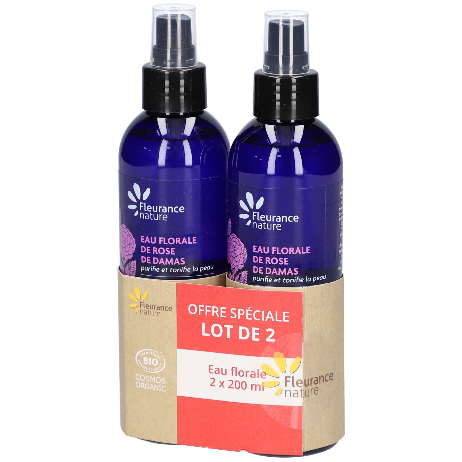 Zwei blaue Sprühflaschen mit schwarzem Sprühkopf in Kartonverpackung. Aufdruck: Eau Florale de Rose de Damas, Bio-Zertifizierung.